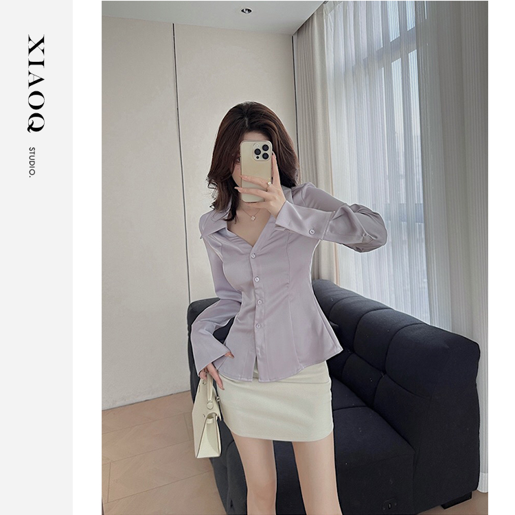 XIAOQ「纯净维纳斯」缎面V领气质通勤长袖垂感修身显瘦衬衣女5821