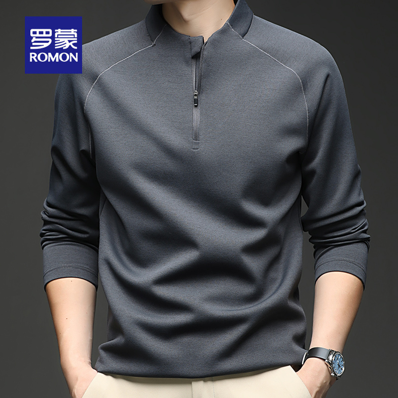 罗蒙春秋季新款男士半高拉链卫衣纯色亨利领T恤打底休闲时尚t恤男