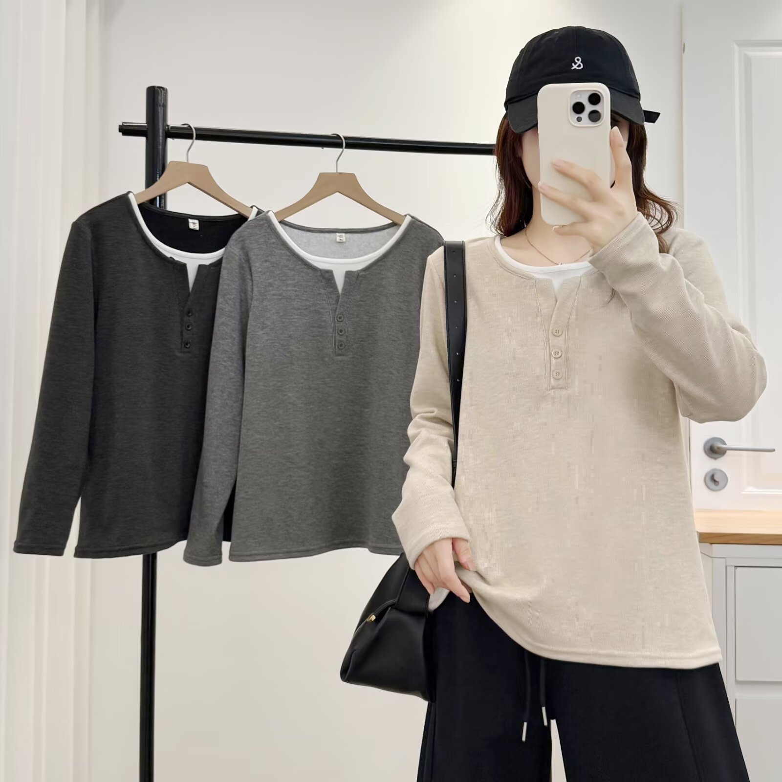 大码女装秋季打底假两件减龄百搭遮肚子显瘦上衣T恤