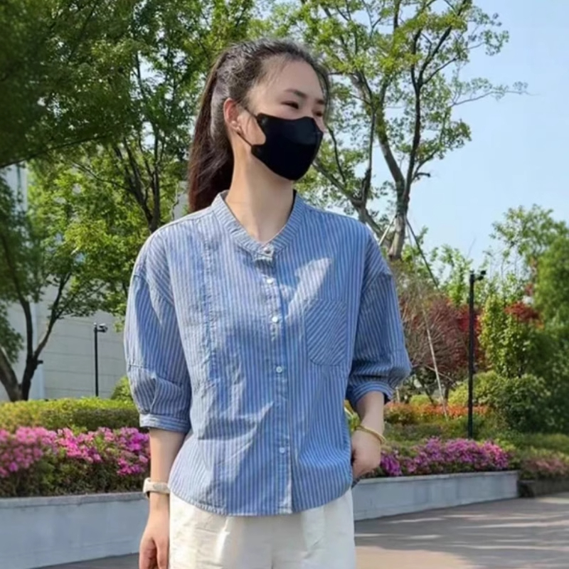 爆款设计感轻薄条纹中袖衬衫女装2026夏季新款宽松洋气衬衣防晒衣