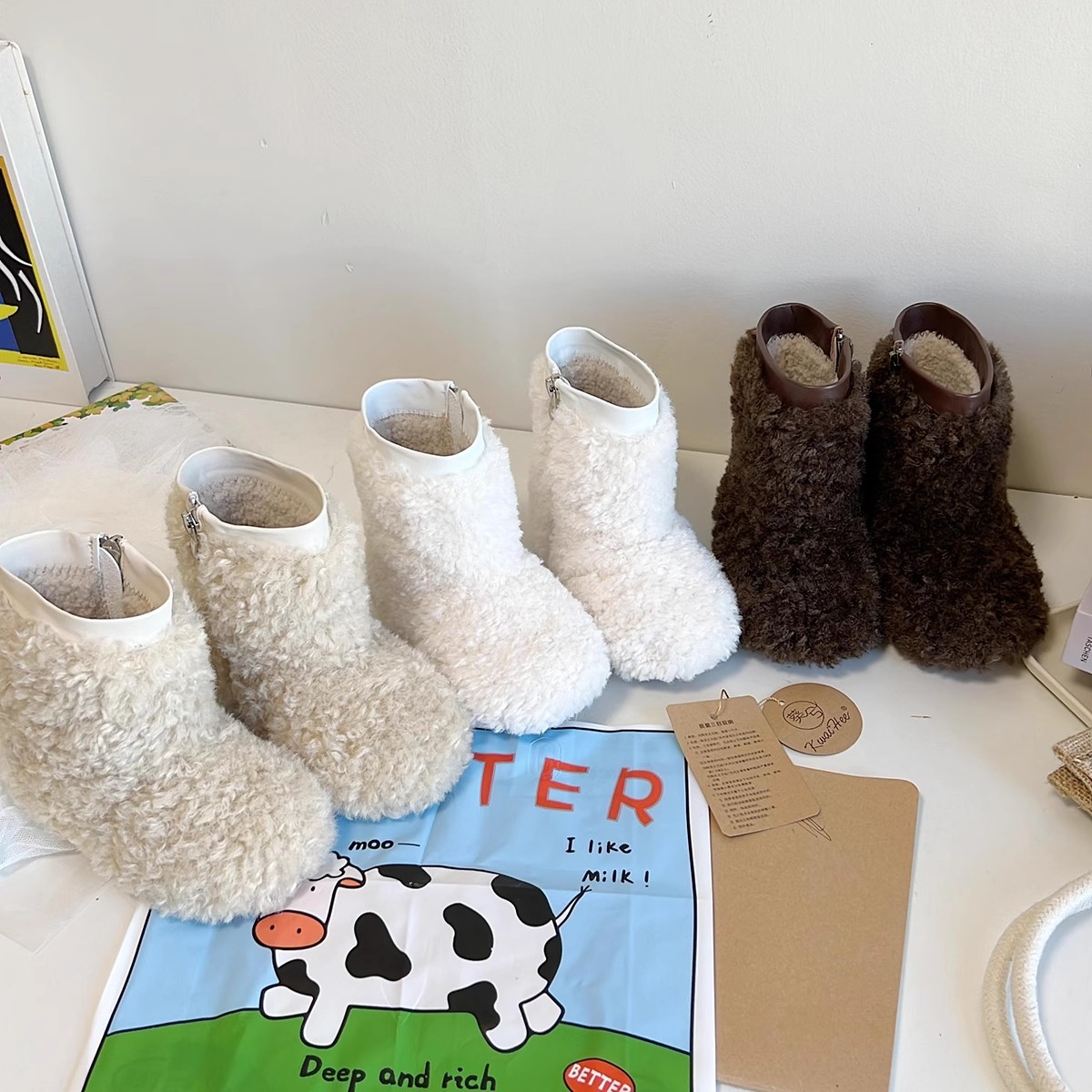 N2407女童外穿毛毛鞋冬季保暖大棉鞋纯色百搭小众可爱毛毛靴子软