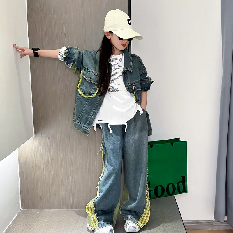 女童牛仔春款套装2025新款春秋季休闲中大儿童洋气女孩拼接两件套