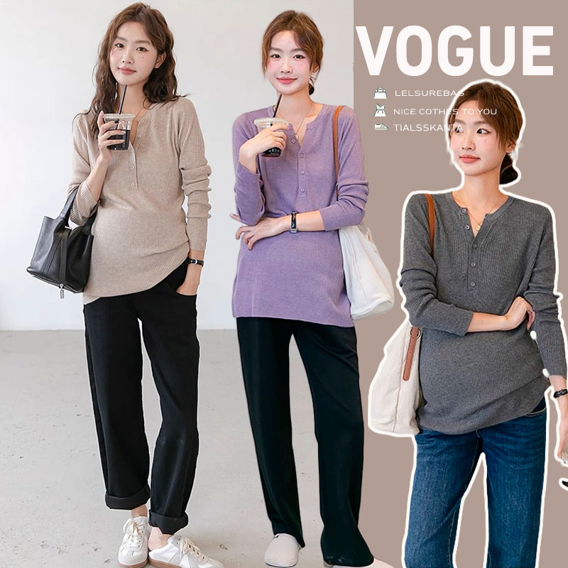 孕妇装秋季时尚纽扣V领针织衫宽松中长款弹力上衣冬款内搭打底衫