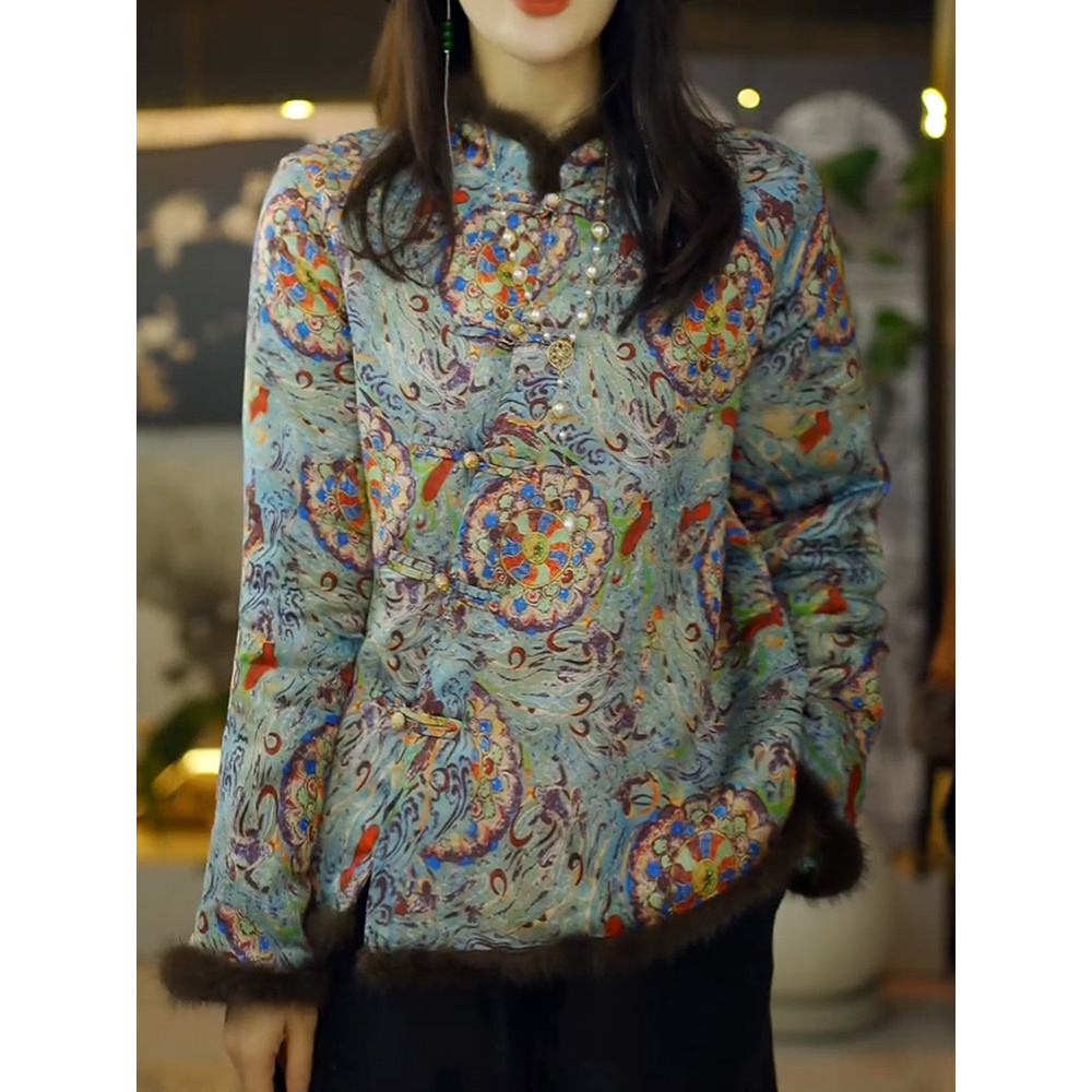 新中式优雅文艺风夹棉保暖衬衫2026冬季新款立领显瘦百搭印花衬衣