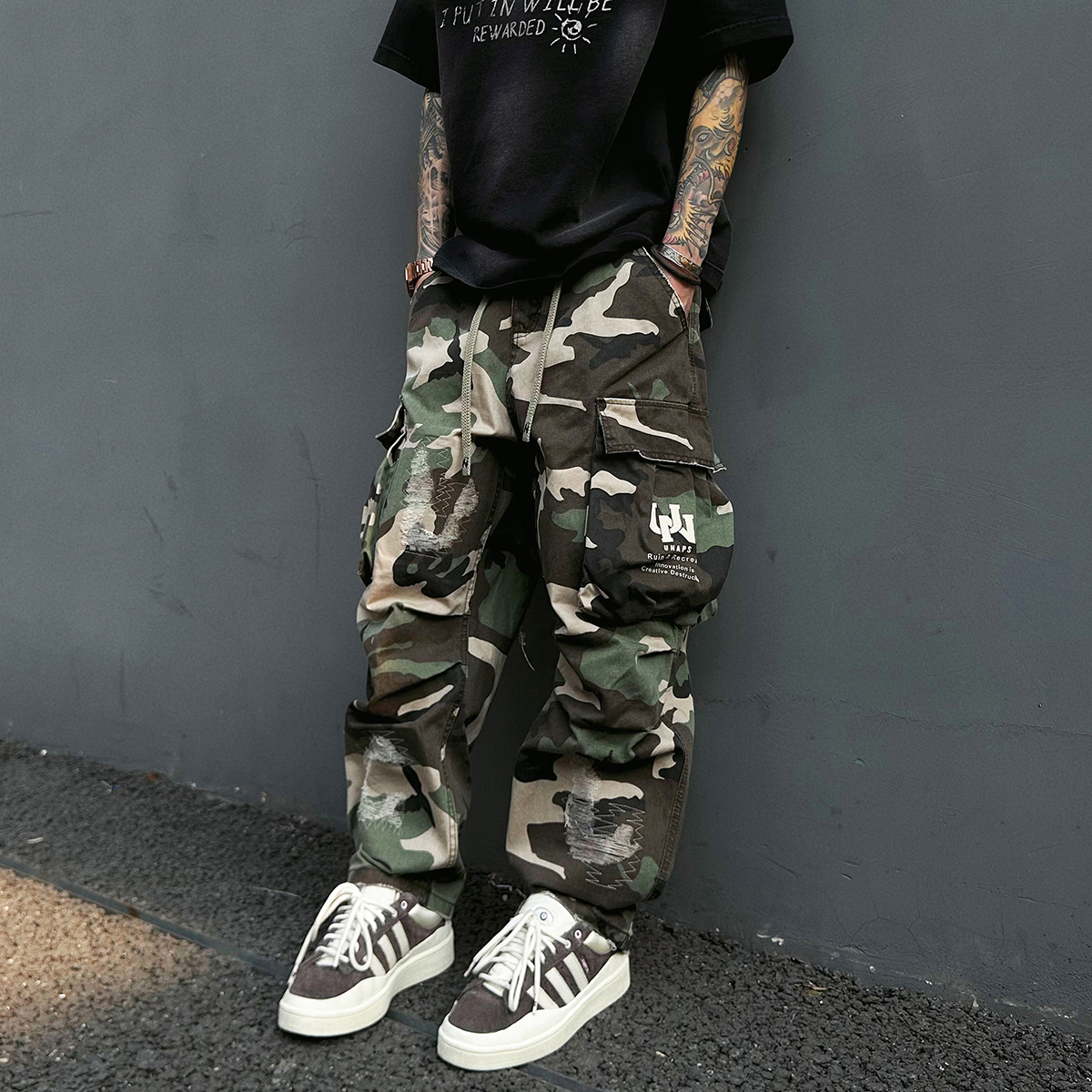 【UNAPS】秋冬绿野仙踪美式迷彩裤松紧腰补丁刺绣男女直筒工装裤子