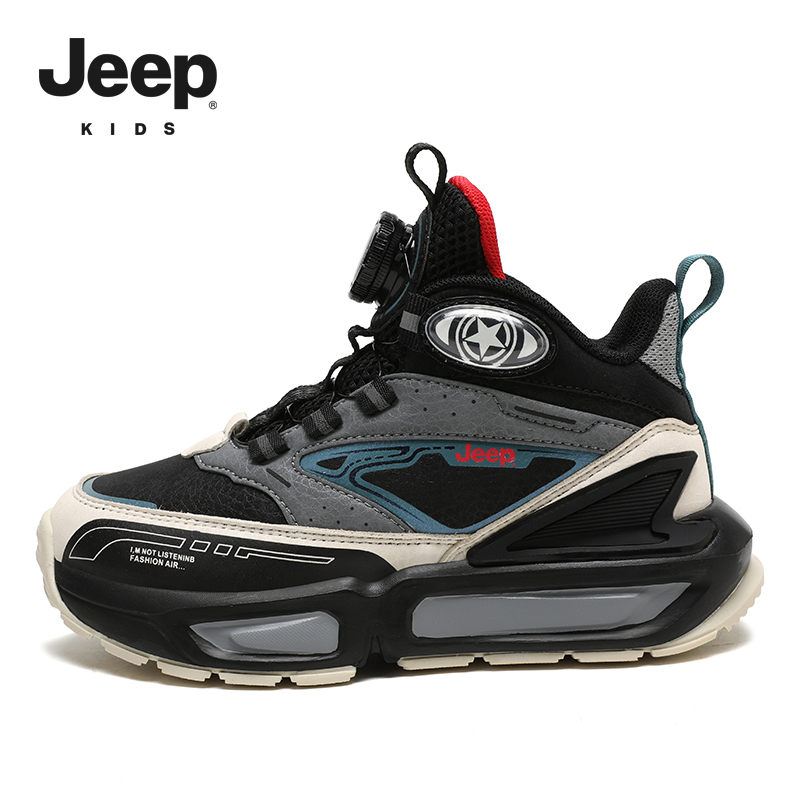 jeep男童耐磨运动鞋秋冬季青少年旋钮减震高帮篮球鞋皮面四季防滑
