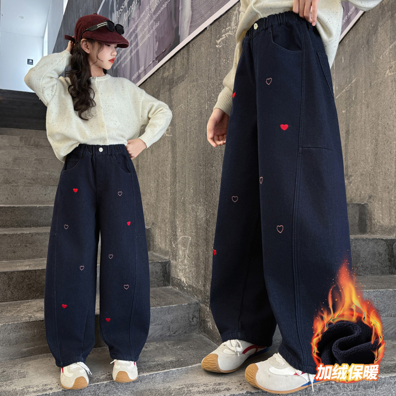 女童加绒牛仔裤冬装2025新款女大童一体绒直筒弯刀裤儿童加厚长裤