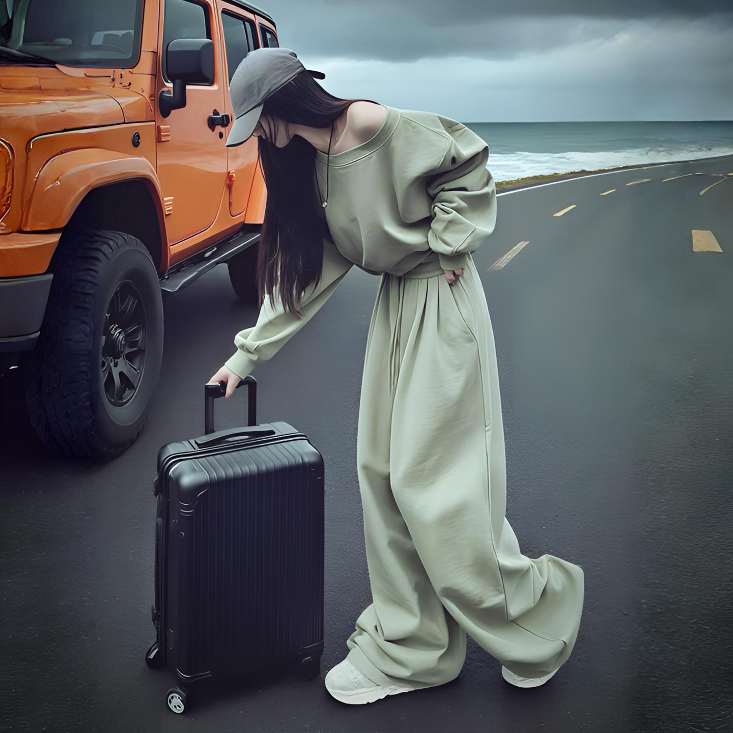 斜肩卫衣套装女春秋时尚松弛感韩系穿搭宽松慵懒风休闲运动两件套