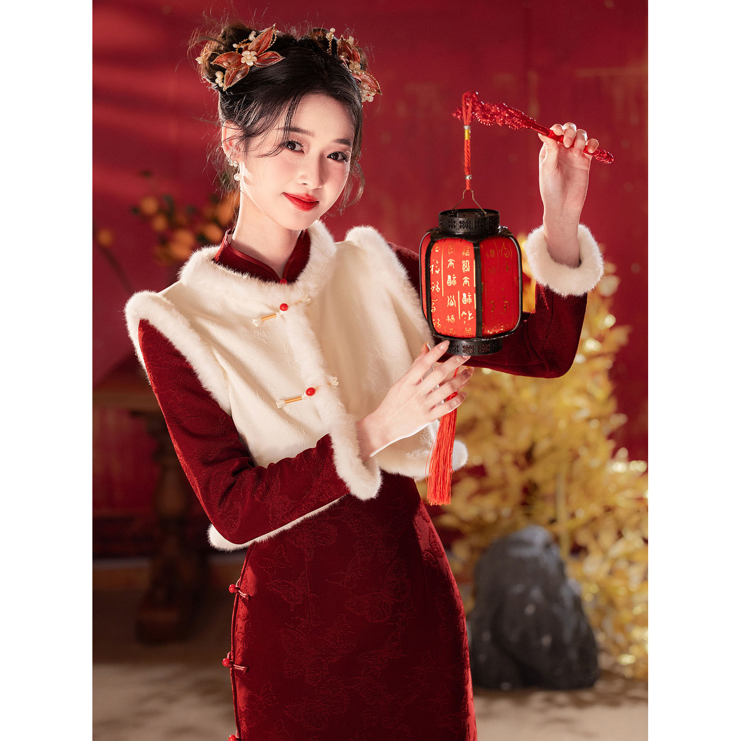 红色旗袍拜年服女大人蛇年本命年连衣裙新中式新年过年战袍套装冬