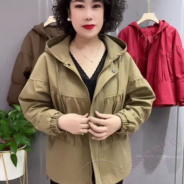 中年母亲短风衣女子春秋季长袖连帽褶皱双瓣口袋裤拉炼开衫休闲夹