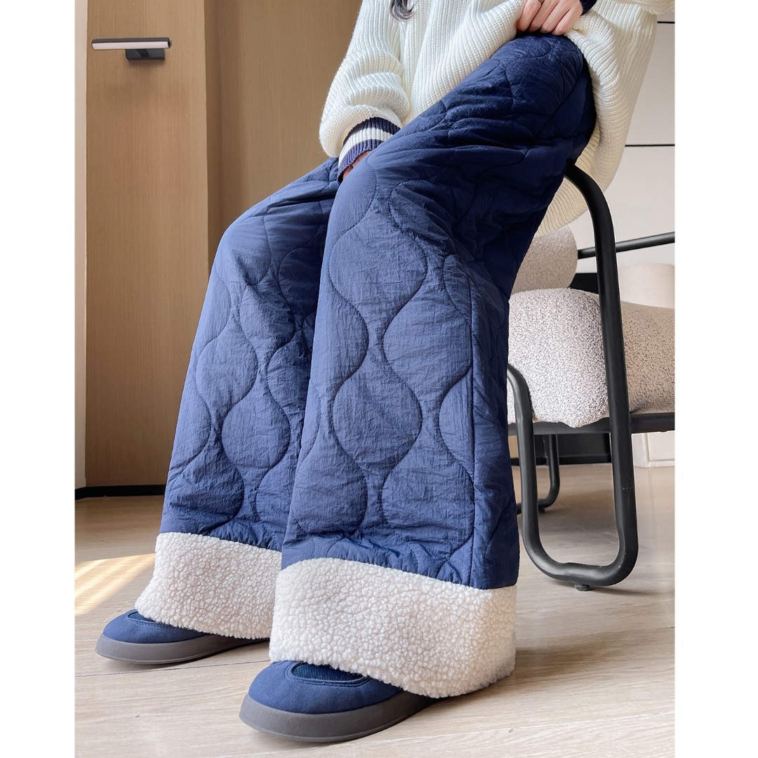 藏青摇粒绒棉裤女秋冬2025新款休闲保暖拼接毛绒小个子加绒阔腿裤