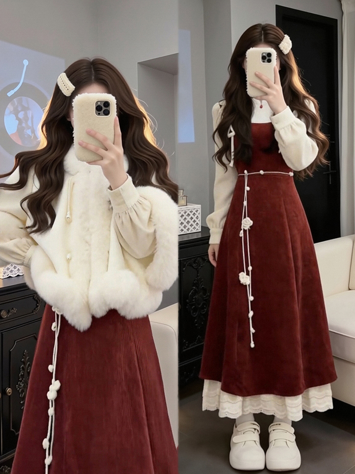 独特漂亮冬装一整套圣诞新年战袍斗篷外套背带连衣裙新中式套装裙