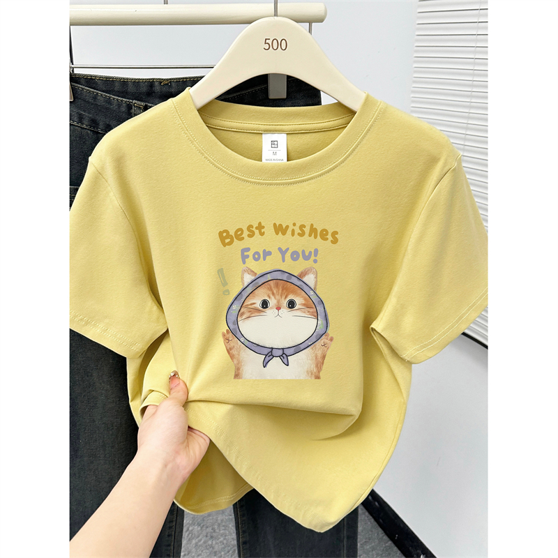 猫咪印花正肩短袖t恤夏季2025年新款胖mm大码女装时尚慵懒风上衣