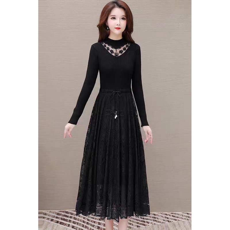针织秋冬连衣裙高级感气质加厚冬裙打底内搭蕾丝冬天厚裙子秋冬款