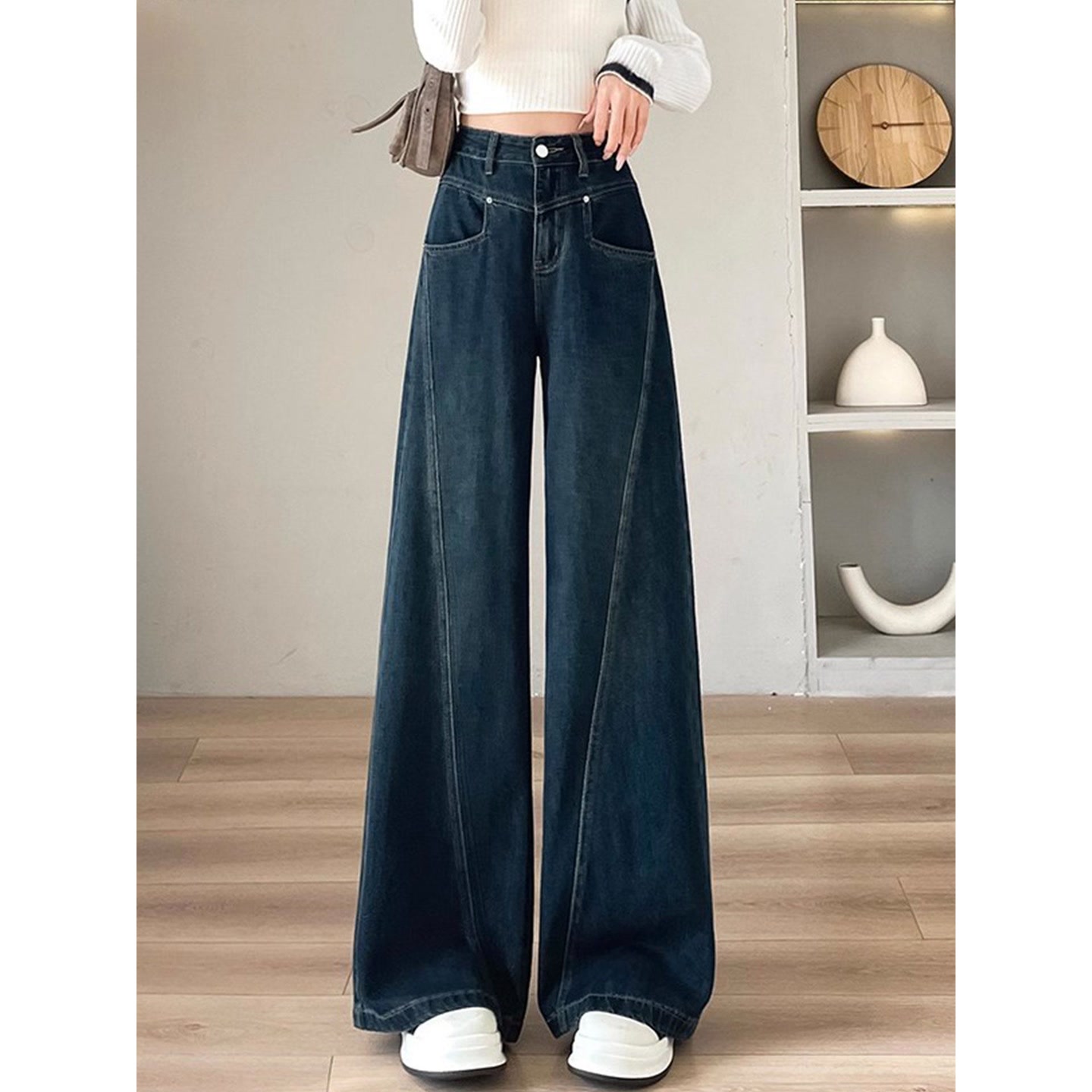 拉夏贝尔直筒牛仔裤女高腰窄版阔腿裤2025秋冬新款宽松显瘦休闲垂