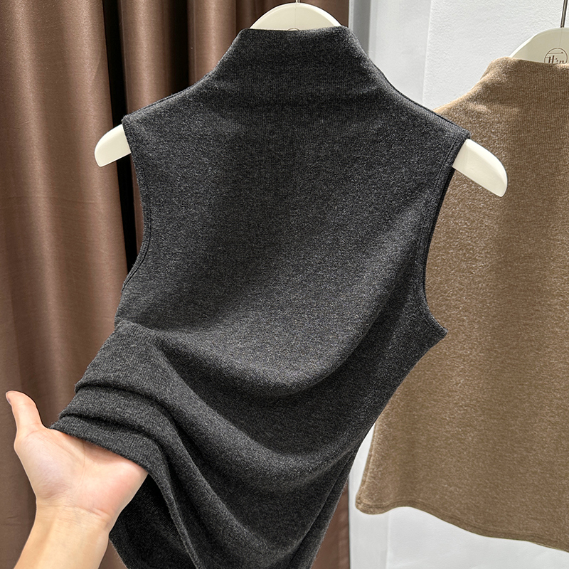 深灰色半高领修身无袖背心女士2025新款假领子内搭薄款针织打底衫