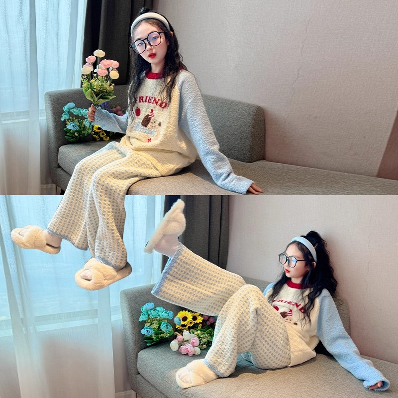 儿童睡衣女孩冬季2025新款女大童半边绒家居服女童秋冬珊瑚绒套装
