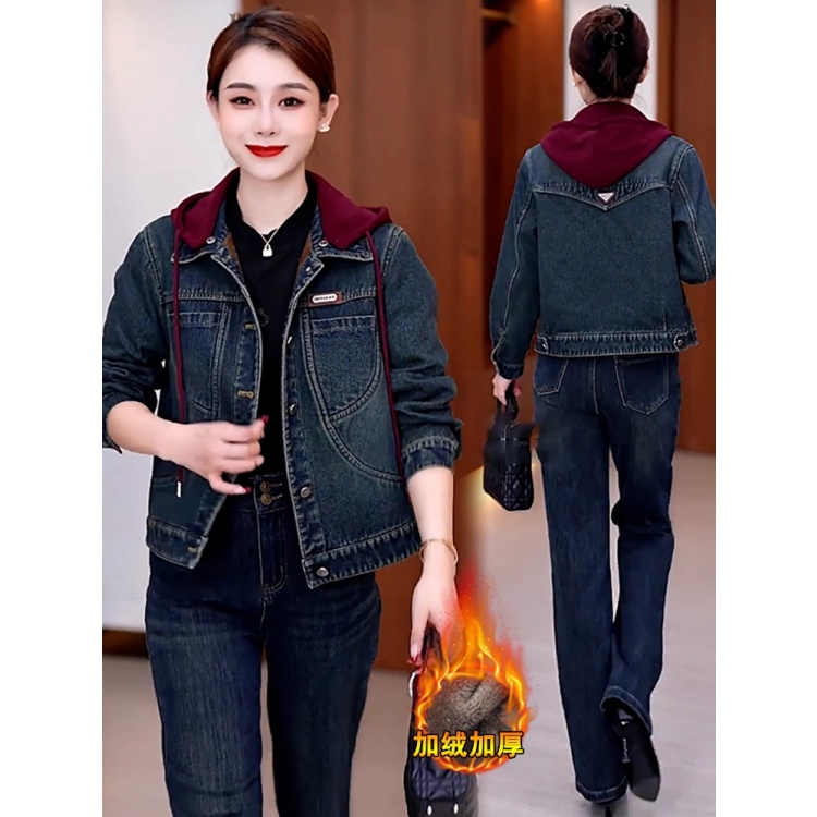 拉夏贝尔加绒牛仔短外套女2025秋冬新款时尚洋气宽松休闲保暖上衣