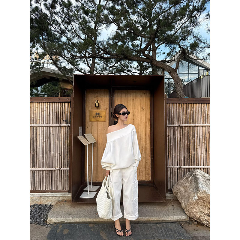 松弛感老钱风气质斜肩卫衣女早秋新款小众休闲宽松工装裤两件套装