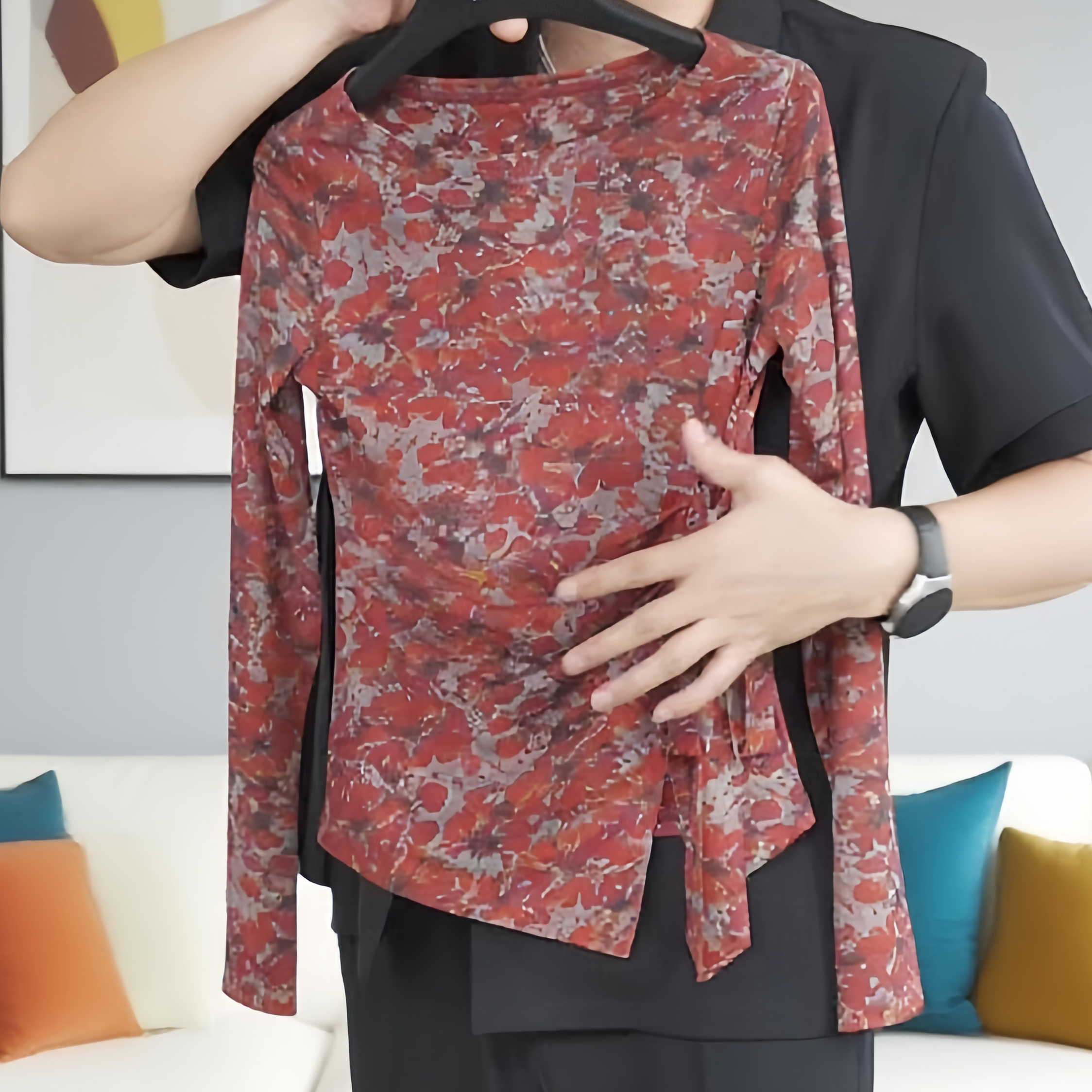 【绯红曳影】2025秋季新款绑带长袖碎花气质T恤女修身显瘦洋气上衣