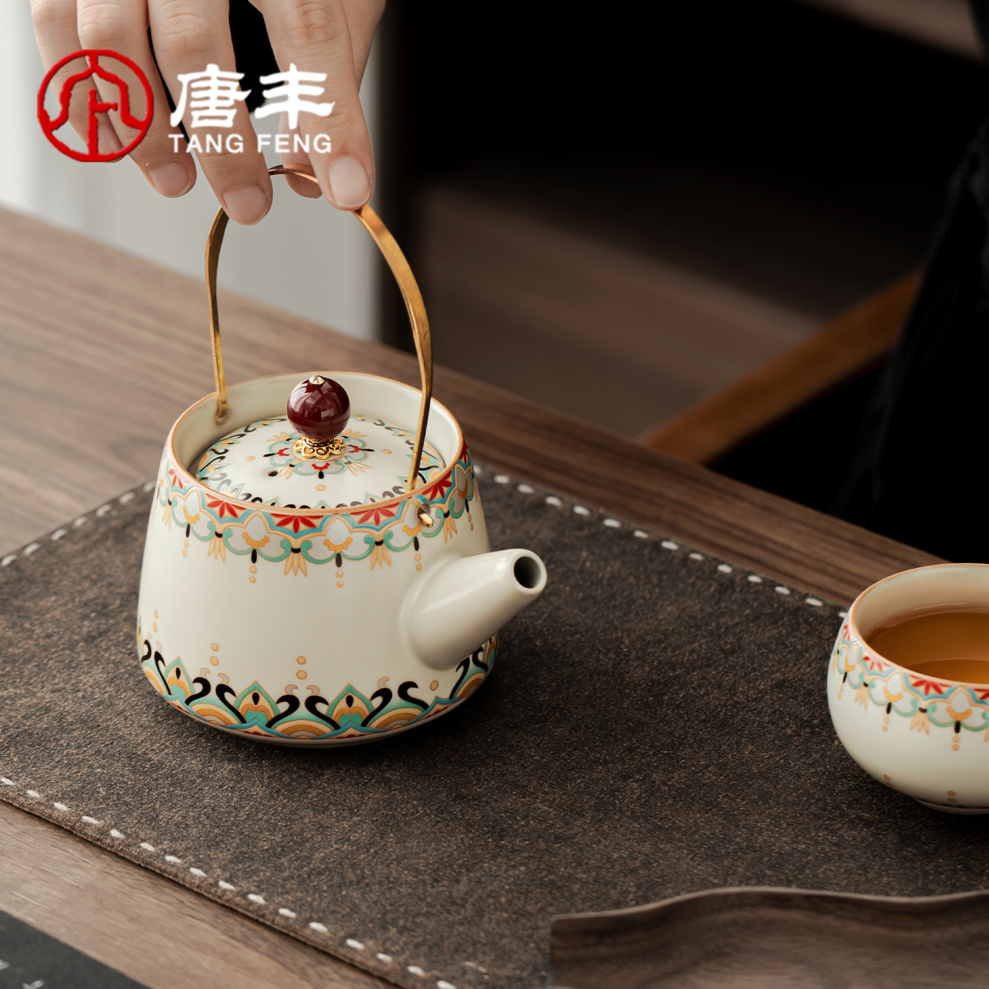 唐丰汝窑宝相花茶壶泡茶家用高档防烫提梁壶茶水分离一人饮小壶