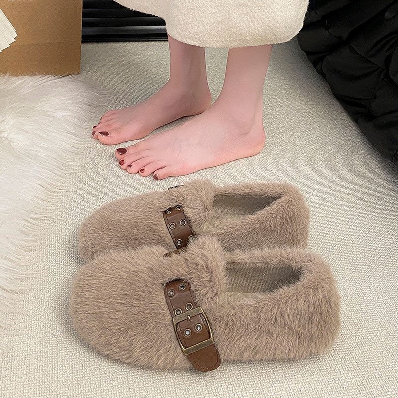 高级感毛毛鞋女鞋外穿2025秋冬新款一脚蹬懒人豆豆鞋平底加绒棉鞋