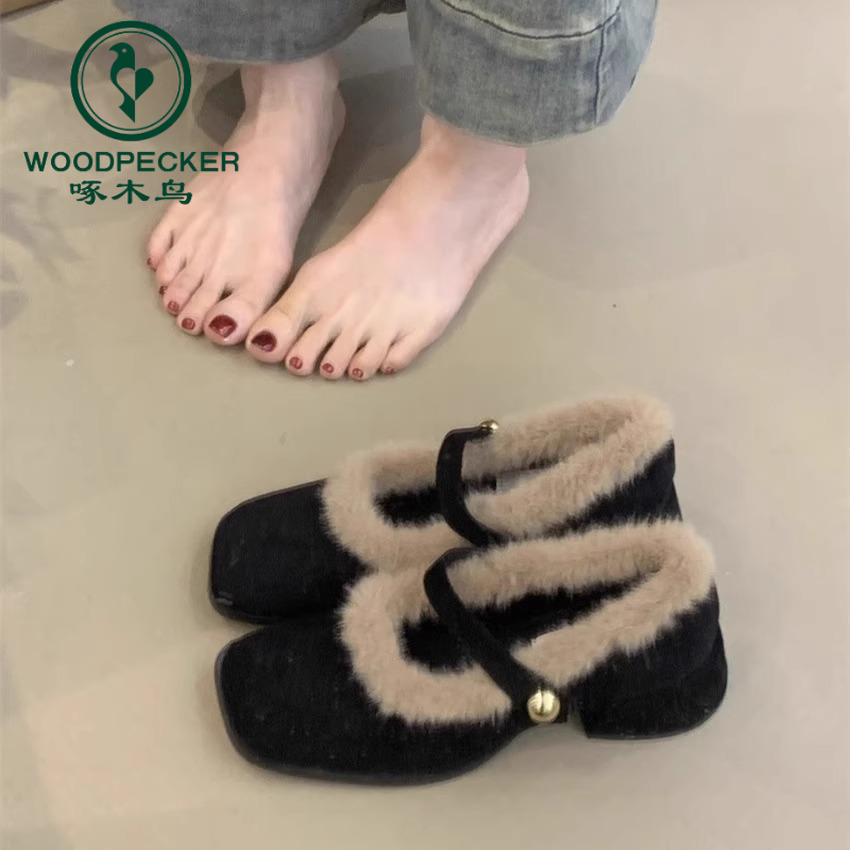 啄木鸟复古粗跟小香风毛毛鞋女加绒保暖玛丽珍鞋方头法式棉单鞋子