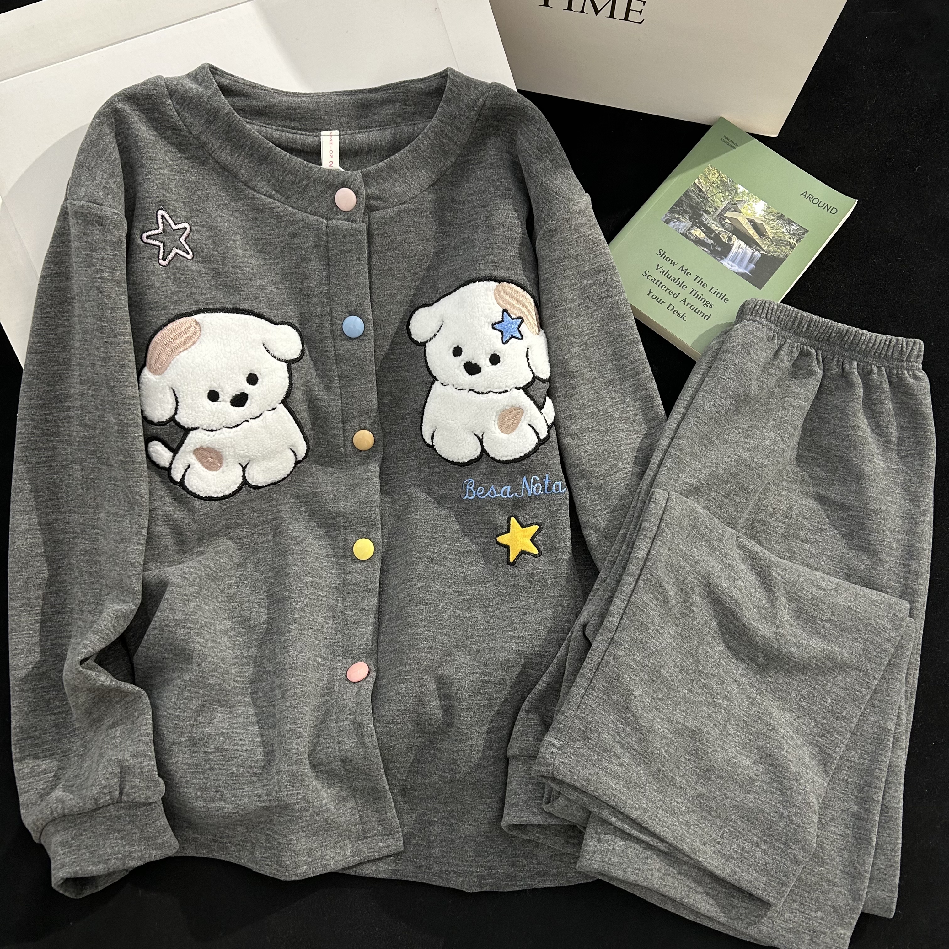 软萌小狗高级感少女睡衣秋冬季带胸垫加厚德绒可爱开衫家居服套装