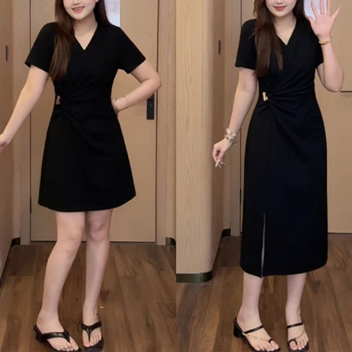 时尚高级感连衣裙女2026夏季新款法式设计感显瘦中长款开衩小黑裙