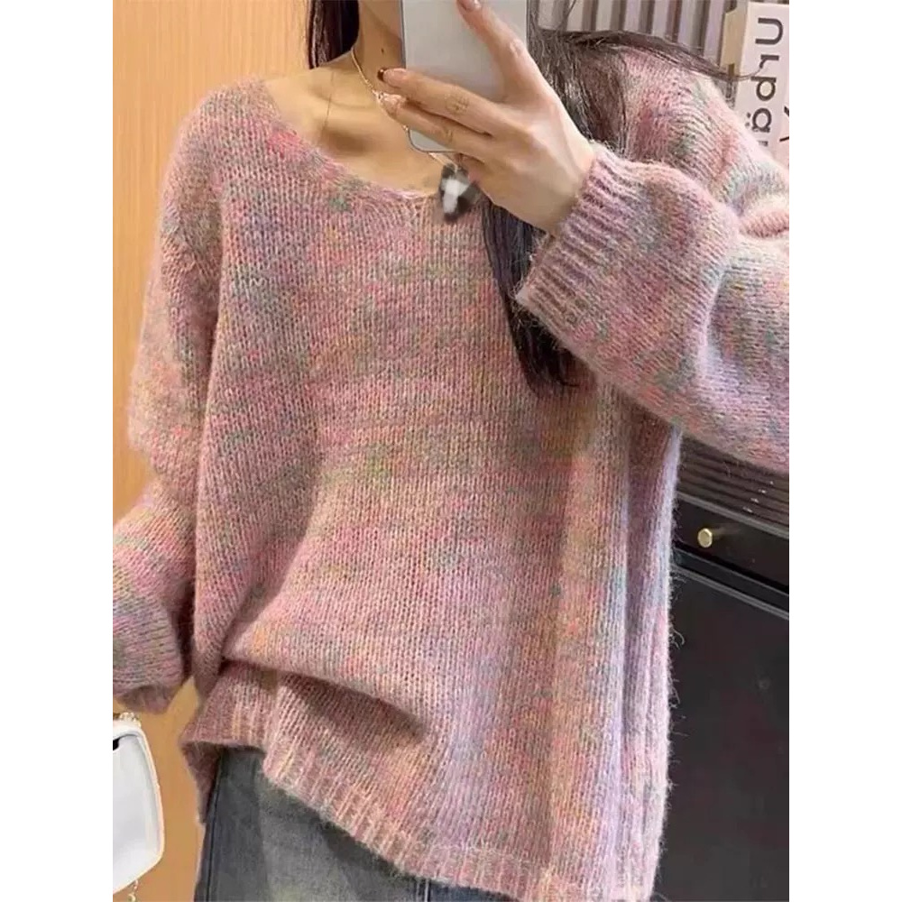 【极简主义】羊毛慵懒风V领长袖女2025春季宽松显瘦休闲百搭毛衣.