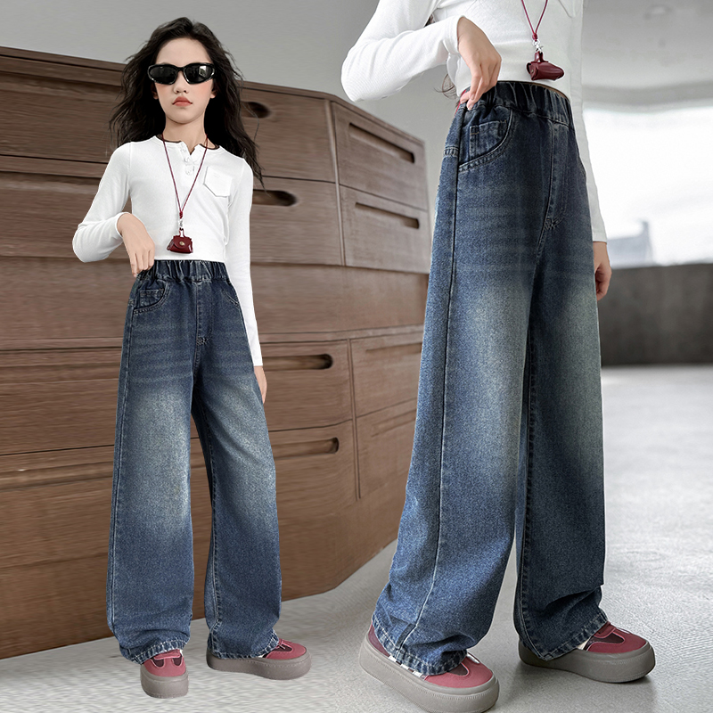 女童牛仔裤春秋韩版宽松女孩阔腿裤潮酷炸街秋季大童直筒儿童裤子