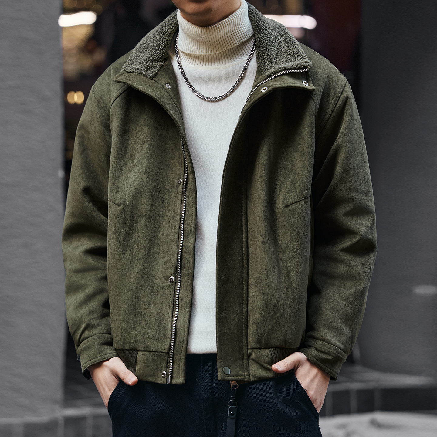 格蓝鹿高端重磅麂皮绒机车立领外套男士棉衣冬季潮牌加厚保暖夹克