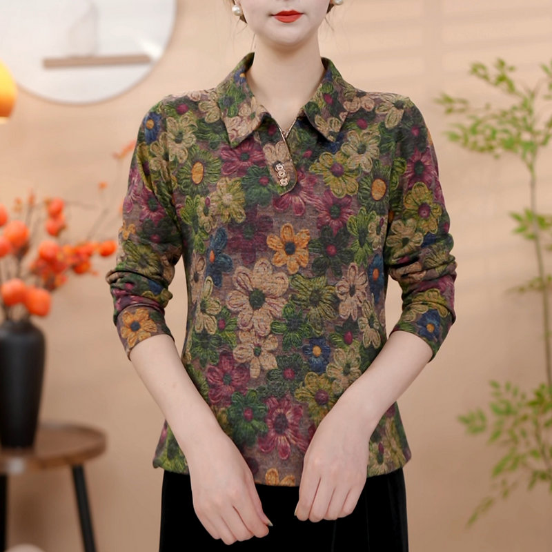 2025秋冬新款中老年女装长袖小衫女气质百搭翻领妈妈款印花衬衫