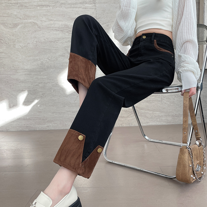 拼接宽松直筒牛仔裤女秋冬新款高腰显瘦弹力小个子九分烟管裤子