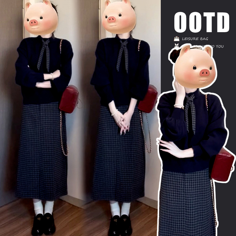 洋气慵懒风孕妇装2025新款爆款针织毛衣时尚套装格纹半身裙两件套