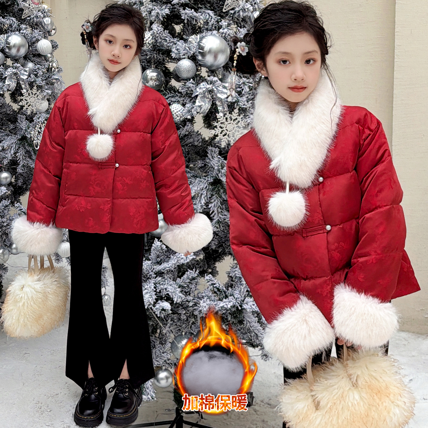 女童拜年服儿童过年衣冬装2025新款唐装新中式红色棉服过年穿搭