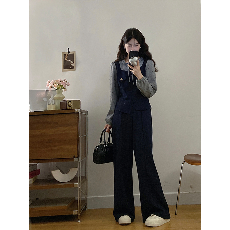 大码韩系胖mm长袖拼接假两件上衣+高腰显瘦阔腿休闲裤女秋两件套