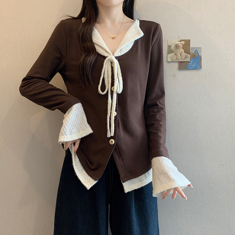 2025秋冬新款胖mm大码女时尚撞色假两件加绒保暖长袖t恤上衣法式