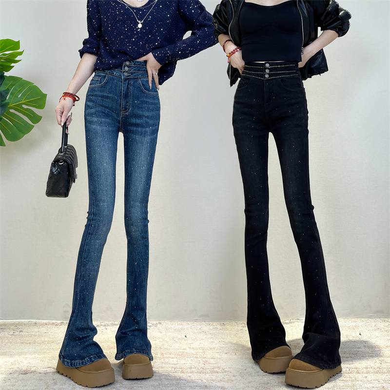 迪否高腰满天星牛仔马蹄裤秋季新款修身显瘦微喇牛仔裤女裤6333