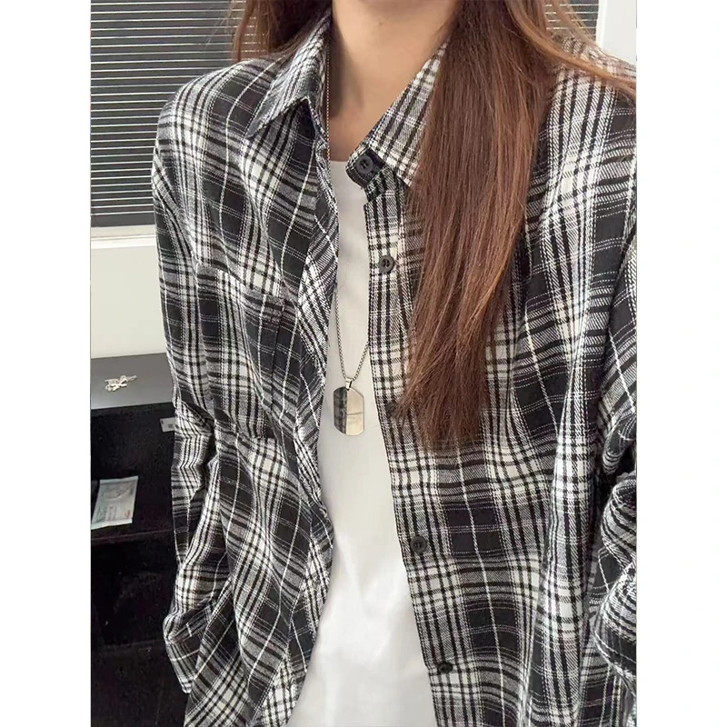 黑色格子衬衫男款早秋季痞帅高级感长袖衬衣美式cleanfit休闲外套