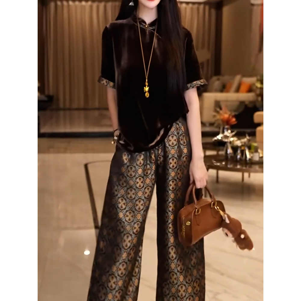 时尚轻奢高级感裤套装女2025夏季新款气质优雅短袖衬衫+印花裤子