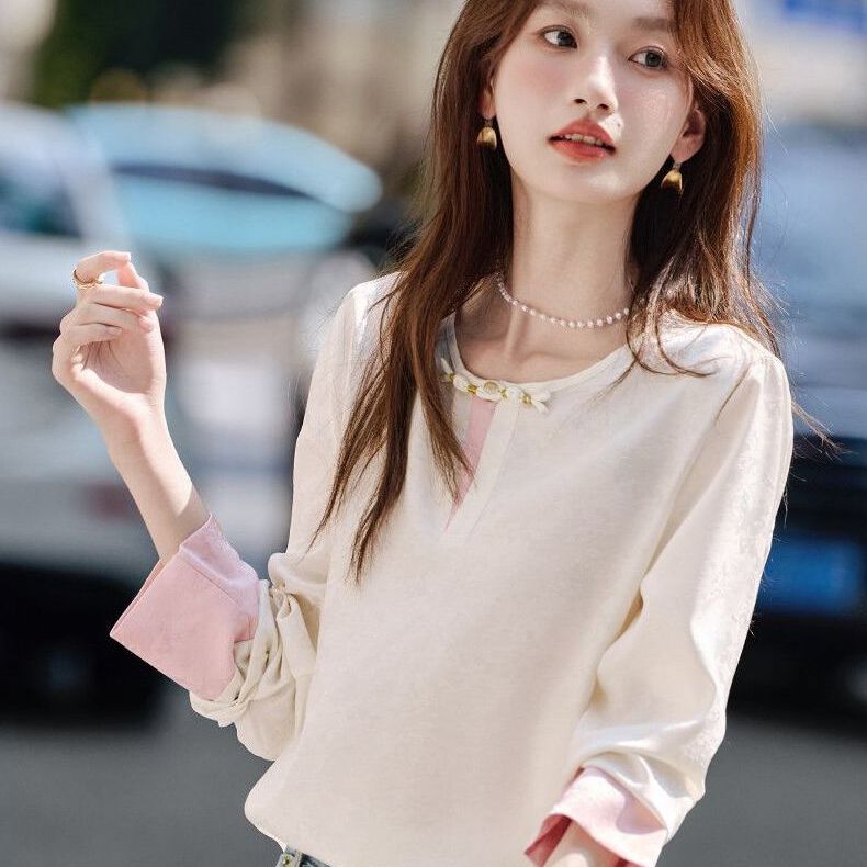 洋气新中式气质盘扣时尚拼接假两件衬衫2025年宽松圆领长袖上衣