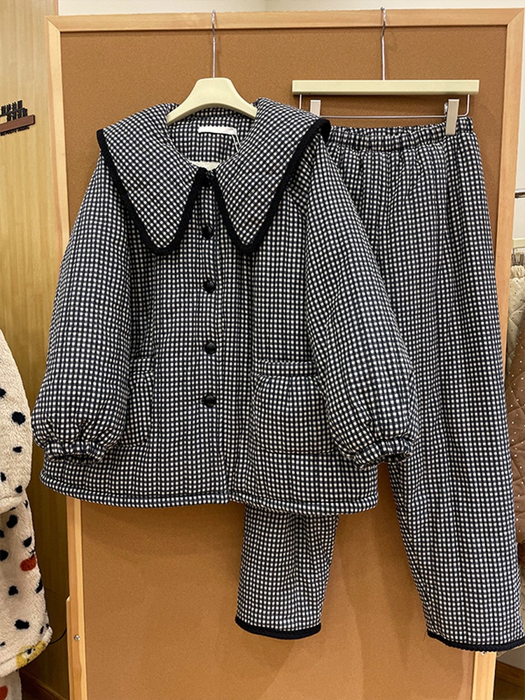 韩版格纹高级感三层夹棉睡衣女秋冬新款加绒保暖家居服套装可外穿
