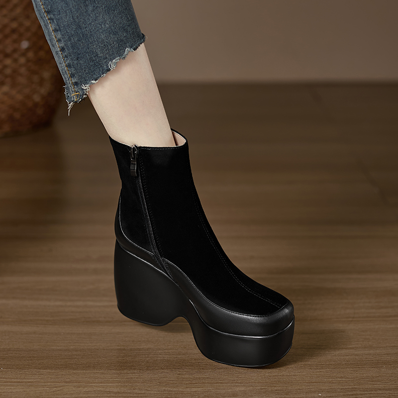 小个子手工女鞋10cm~百搭牛皮瘦瘦靴显瘦圆头防水台坡跟弹力短靴