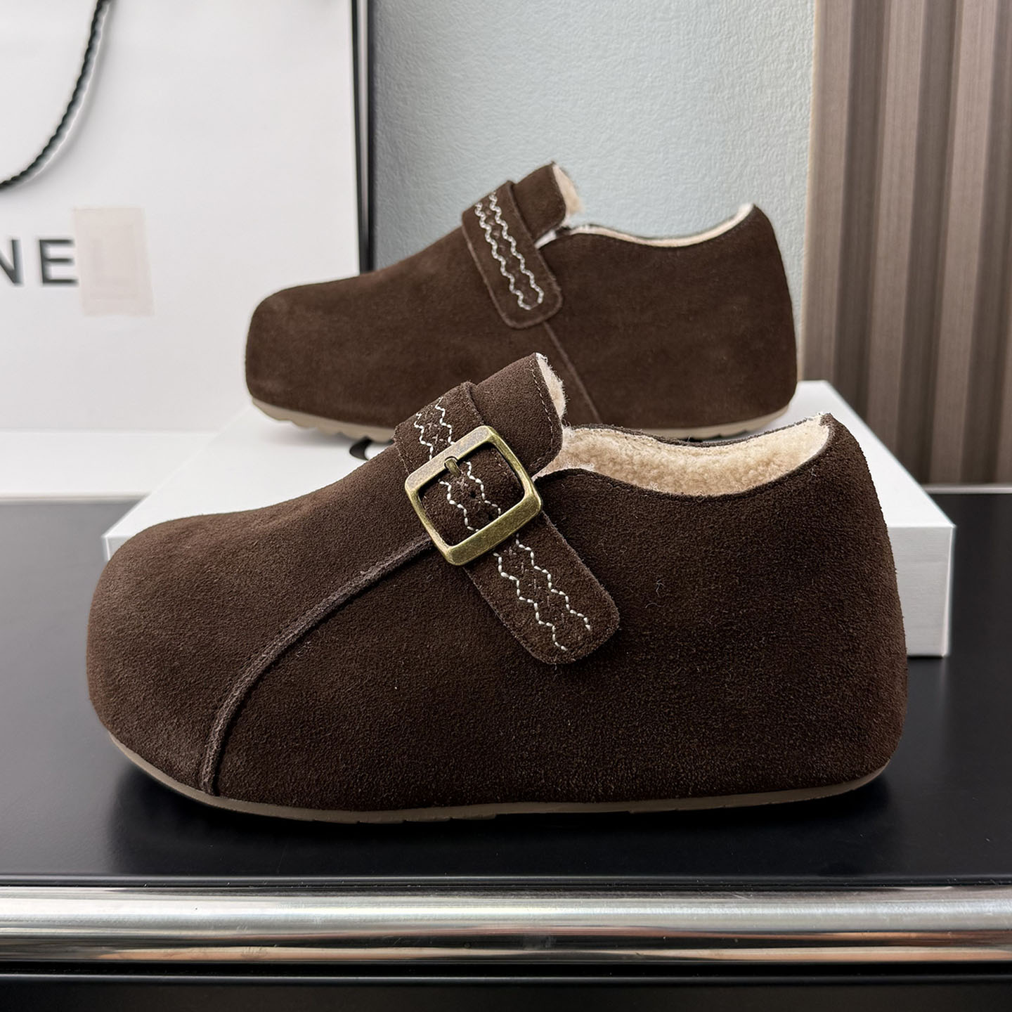 爆款复古毛毛鞋女冬季厚底一脚蹬加绒勃肯鞋2025新款百搭保暖棉鞋