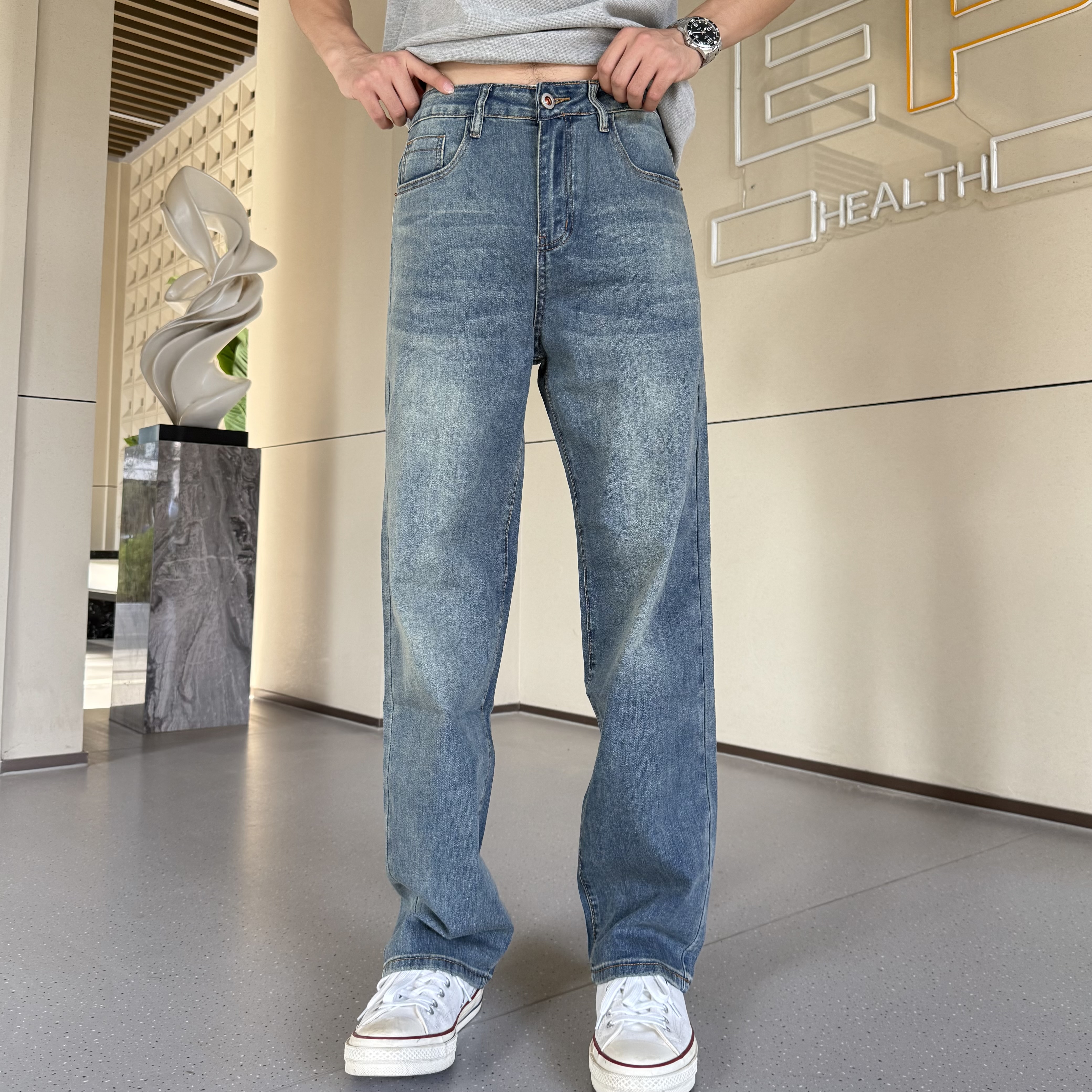 SYJ春秋复古蓝直筒牛仔裤男款美式潮流男裤弹力微宽松显瘦长裤