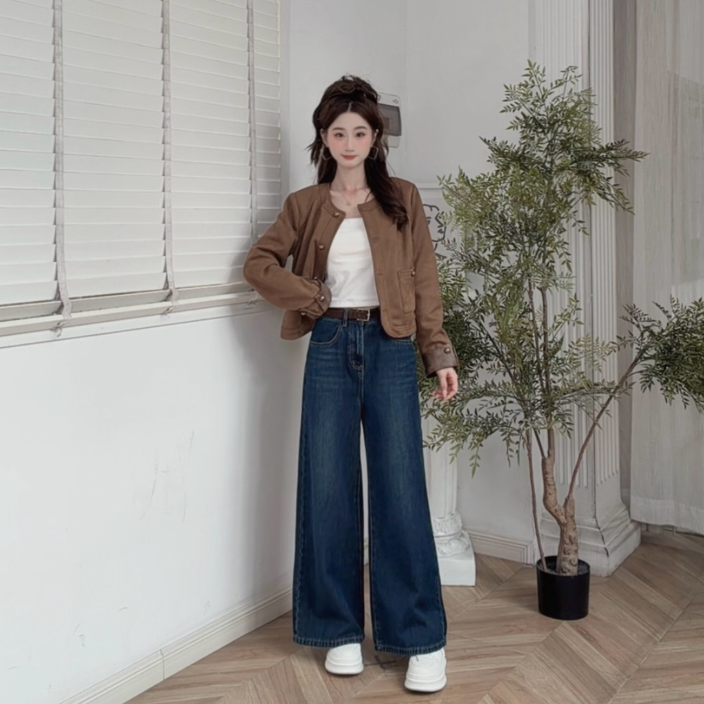 IEF/爱依服2025秋冬新款韩版复古休闲通勤风显瘦显腿长牛仔阔腿裤