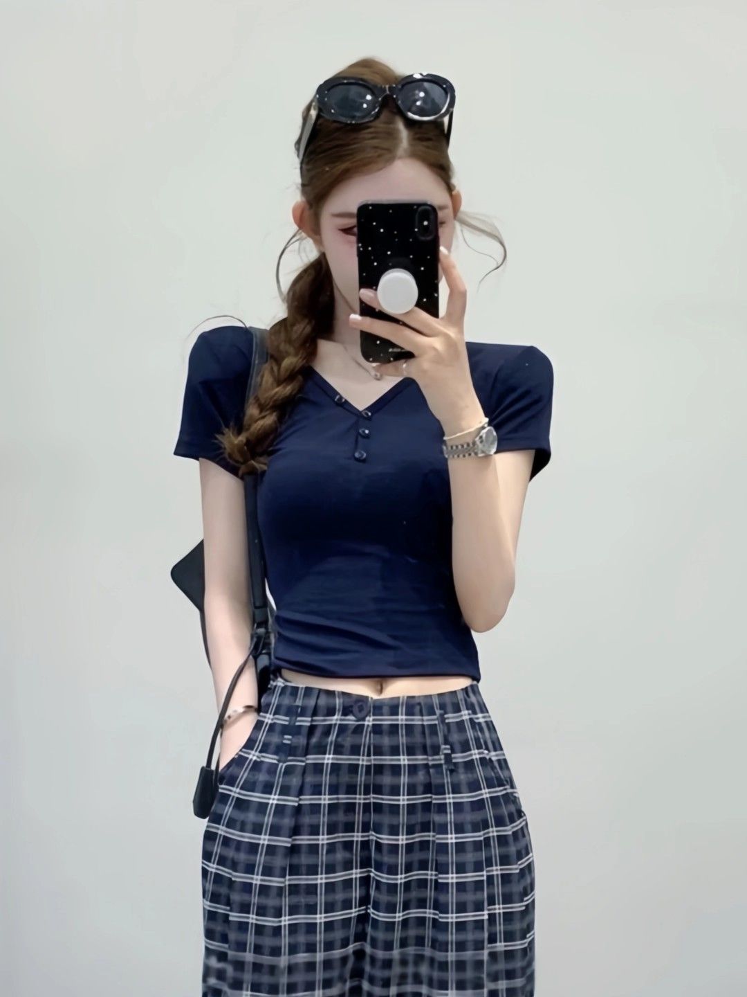 藏青色桃心领修身短款t恤女夏季美式辣妹高级感收腰露脐短袖上衣