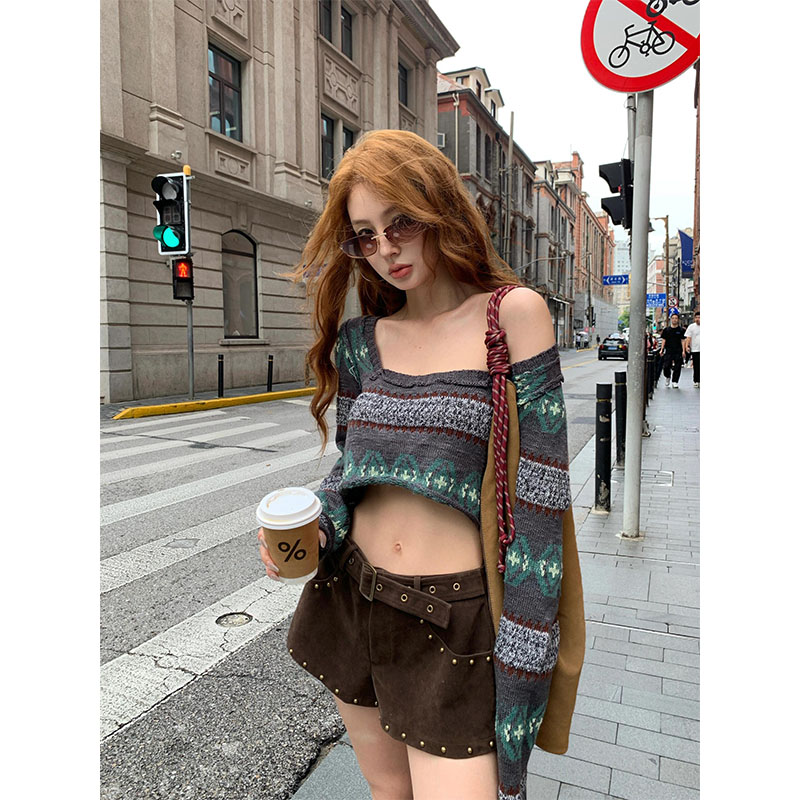 韩系小众设计感洋气拼接休闲长袖上衣轻奢高级感百搭短裤两件套潮