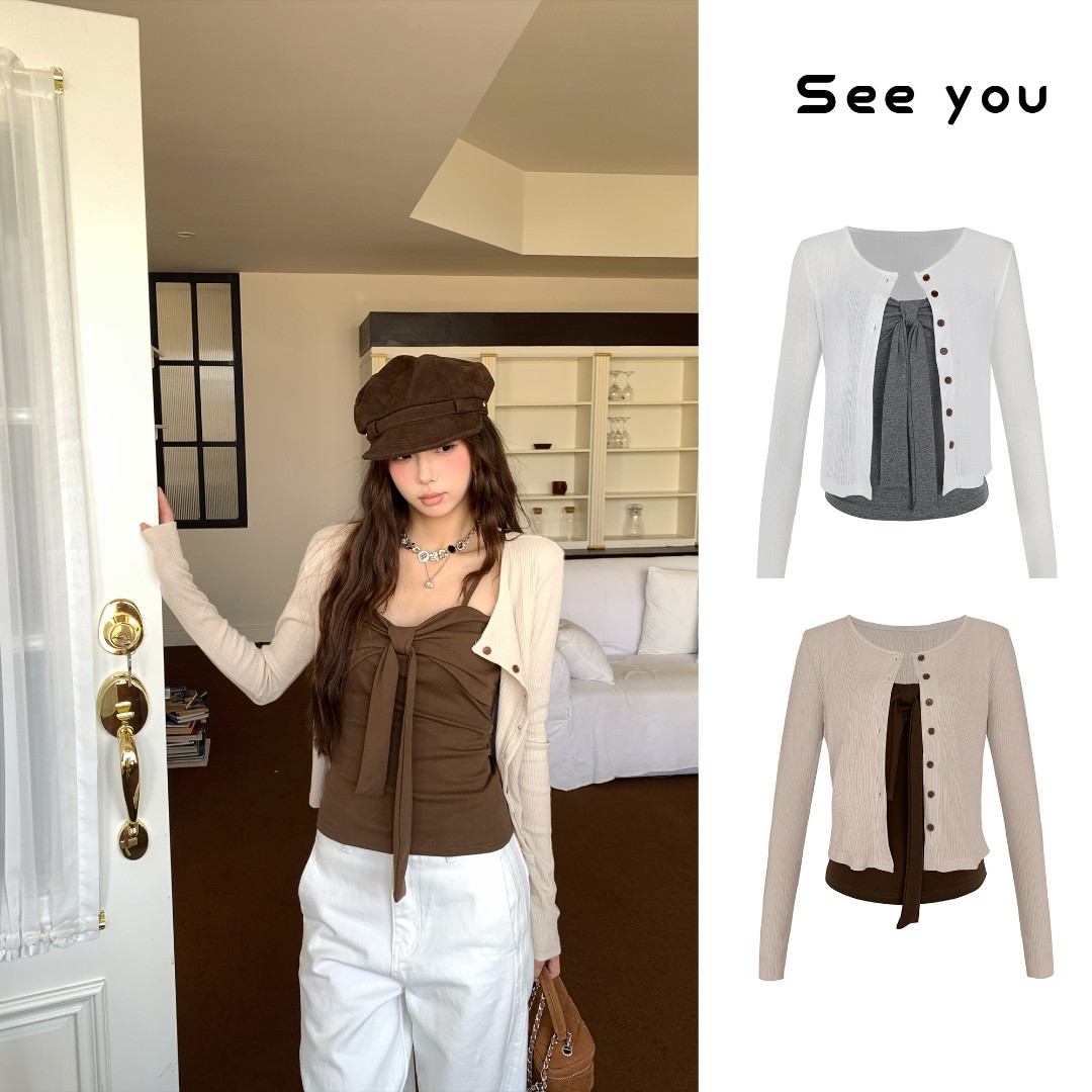 新款蝴蝶结设计吊带内搭背心+针织开衫短款外套A3878+ A3879